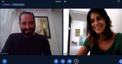 A professora Roseline Oliveira e o estudante Andrej Gudina durante reunião virtual | nothing