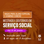 Serviço Social abre inscrições de aluno especial em cursos de mestrado e doutorado