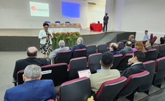 Reitora Joana Angélica Guimarães, coordenadora da Rene Andifes, no segundo dia de reunião, no Polo de Inovação de Jaraguá