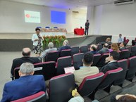 Reitora Joana Angélica Guimarães, coordenadora da Rene Andifes, no segundo dia de reunião, no Polo de Inovação de Jaraguá