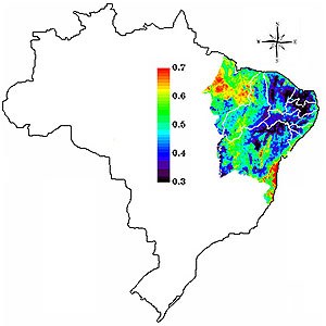 Mapa mostra áreas de desertificação na região Nordeste em 1982. As áreas roxas são as mais afetadas pelo processo