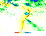 Imagem produzida pela NASA que representa a anomalia de precipitação no período de 7 a 20 de junho de 2010. Cores tendendo para azul indicam chuvas acima da média, em junho de 2010