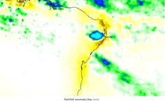 Imagem produzida pela NASA que representa a anomalia de precipitação no período de 7 a 20 de junho de 2010. Cores tendendo para azul indicam chuvas acima da média, em junho de 2010