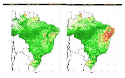 Em vermelho as áreas que perderam mais “verde” durante a seca de 2012 (Fonte: Lapis) | nothing