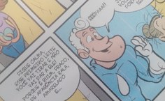 No gibi, o herói dá uma "bronca" em dona Tonha que está passando informações erradas sobre o primeiro leite