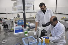 O professor Emiliano Barreto acompanhando Paulo Carvalho nos estudos científicos no Laboratório de Biologia Celular