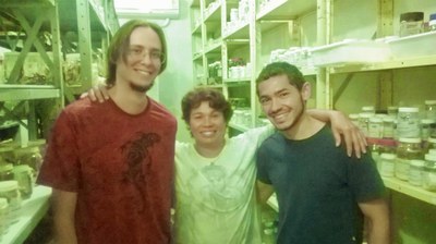 Pesquisador Francisco Dal Vechio (à direita), Selma Torquato e Neto Araújo na Coleção de Herpetologia do MHN