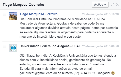 Estudante de outro país é atendido pela Univerisdade na página do Facebook