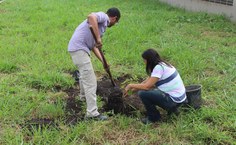 Professora Flávia Barros e o bolsista do Arboretum plantam Ipê amarelo