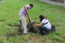 Professora Flávia Barros e o bolsista do Arboretum plantam Ipê amarelo