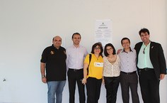 Irinaldo Diniz (Propep), Pedro Valentin (Proginst), Ruth Vasconcelos (Proest), Eliane Barbosa (Fale), Elias Barbosa (GR) e Alexandre Safadi (Fundepes) em solenidade de inauguração