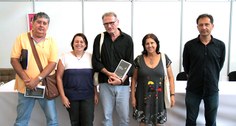 Autor Michel Agier (ao centro) com os professores participantes da tradução do livro: Bruno César Cavalcanti, Stela Lameiras, Rachel Rocha e Yann Hamonic