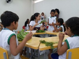 Grupo de extensão ensina crianças a fazer horta durante o Caiite