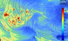 Imagem do satélite Meteosat-10, banda vapor de água, mostrando a Alta da Bolívia e seu cavado na costa brasileira em 8 de janeiro dia em 250hPa