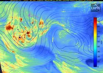 Imagem do satélite Meteosat-10, banda vapor de água, mostrando a Alta da Bolívia e seu cavado na costa brasileira em 8 de janeiro dia em 250hPa