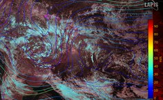 Imagem do satélite Meteosat-10, banda visível (HRV), mostrando a Alta da Bolívia e seu cavado na costa brasileira em 7 de janeiro dia em 250hPa