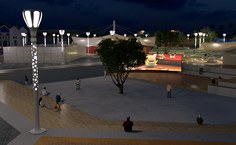 Olhar noturno do setor cultural e de lazer com as quadras poliesportivas e o anfiteatro