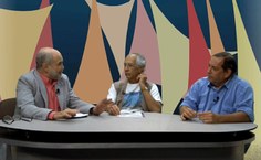 André Motta Lima, Otávio Alves e Carlos Fidélis Pontes durante a gravação do programa 'SBPC: 70 anos de história da ciência brasileira'. Foto: Arquivo Pessoal