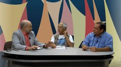 André Motta Lima, Otávio Alves e Carlos Fidélis Pontes durante a gravação do programa 'SBPC: 70 anos de história da ciência brasileira'. Foto: Arquivo Pessoal