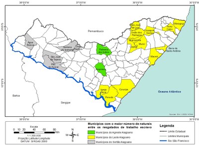 Municípios com o maior número de naturais entre os alagoanos resgatados de trabalho escravo  Fonte: Observatório Digital do Trabalho Escravo no Brasil, 2017. Organização do Mapa. Flávio dos Santos, 2017