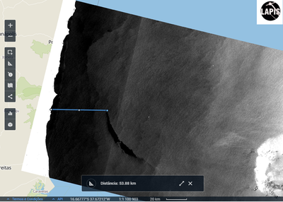 Imagem de satélite mostra mancha de óleo a 54 km da costa da Bahia. Fonte: Lapis/Ufal