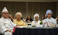 Pai Célio, o padrinho, Mãe Myrian, a madrinha do evento, e a patronesse, Mãe Neide Oyá d’Oxum