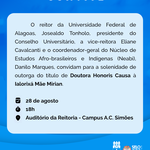 Ufal fará entrega do título de Doutora Honoris Causa a Mãe Mirian na próxima 5ª