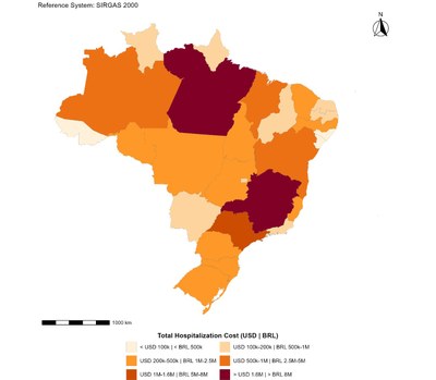 Distribuição geográfica por estado dos custos totais de hospitalização por acidentes com animais peçonhentos no Brasil (2014–2023)