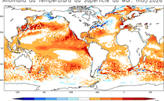 Anomalias positivas da temperatura da superfície do mar no mês de maio de 2026 condizentes com condições de El Niño. Fonte: Cptec/INPE